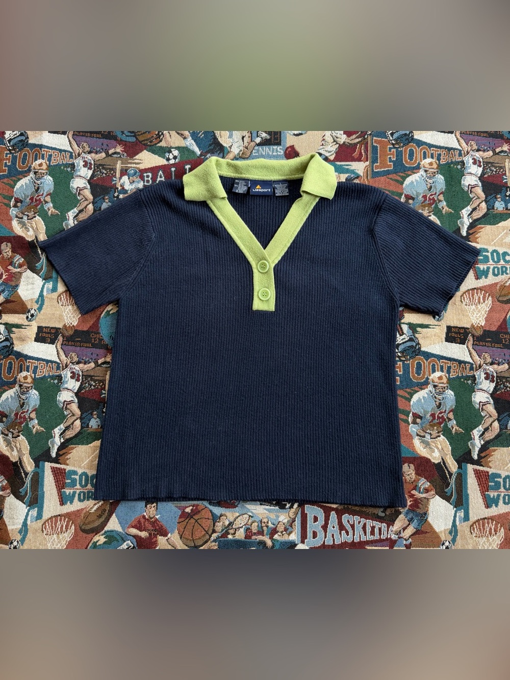 Vintage 90s Women’s Liz Sport Navy & Green Collared Knit Sweater